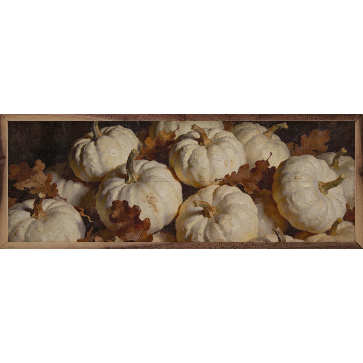 Kendrick Home Walnut Frames 12x4 White Pumpkin Cluster In Autumn Leaves Printed and Framed Wall Sign