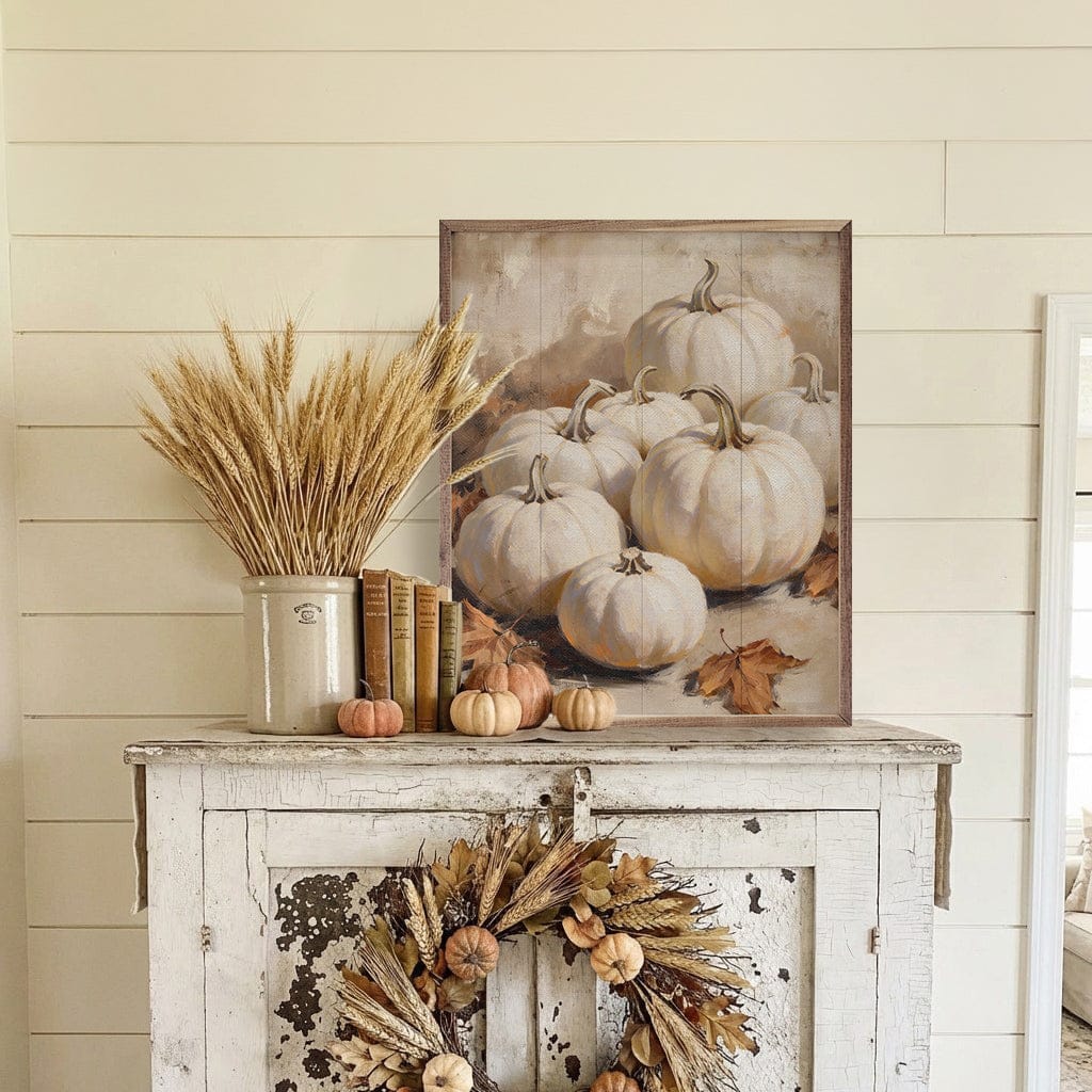 Kendrick Home Walnut Frames 8x10 White Pumpkin Gathering Printed and Framed Wall Sign