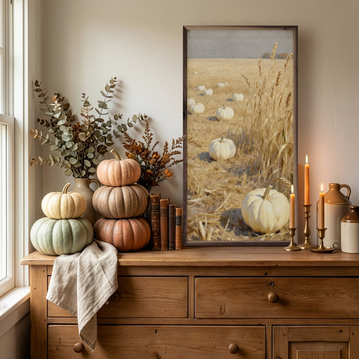 Kendrick Home Walnut Frames White Pumpkin Patch Narrow Print Printed and Framed Wall Sign