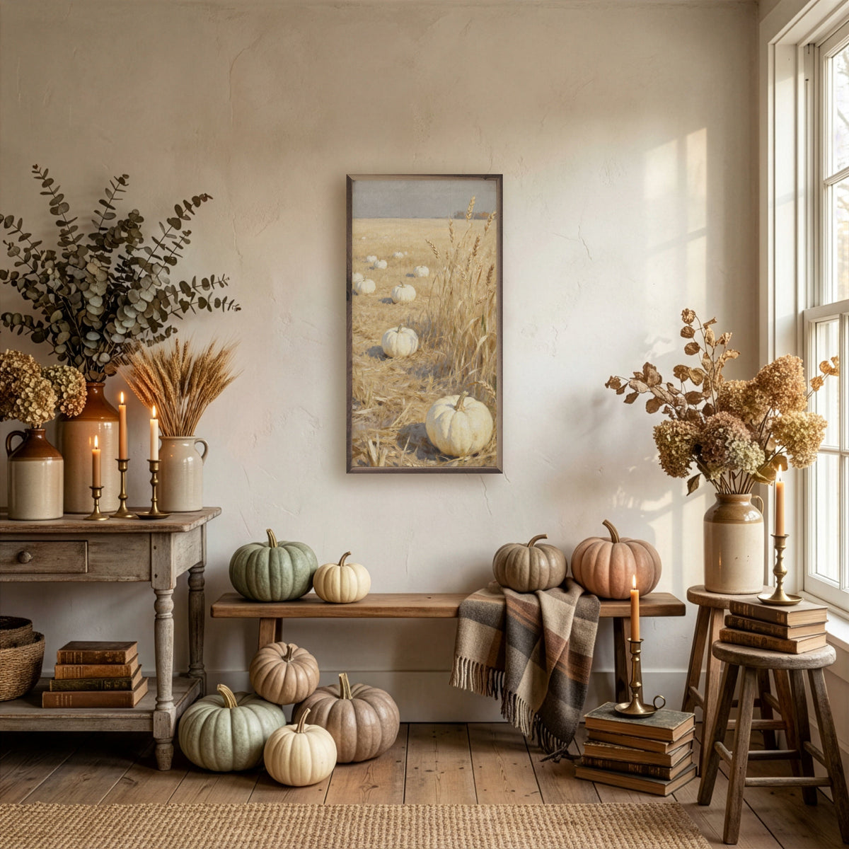 Kendrick Home Walnut Frames White Pumpkin Patch Narrow Print Printed and Framed Wall Sign