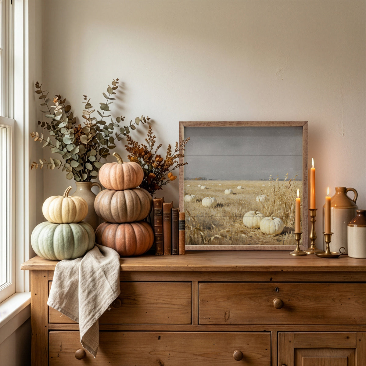 Kendrick Home Walnut Frames White Pumpkin Patch Printed and Framed Wall Sign