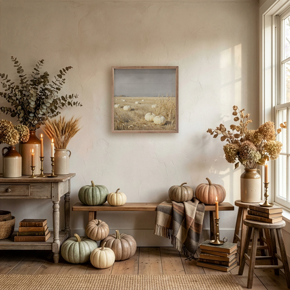 Kendrick Home Walnut Frames White Pumpkin Patch Printed and Framed Wall Sign