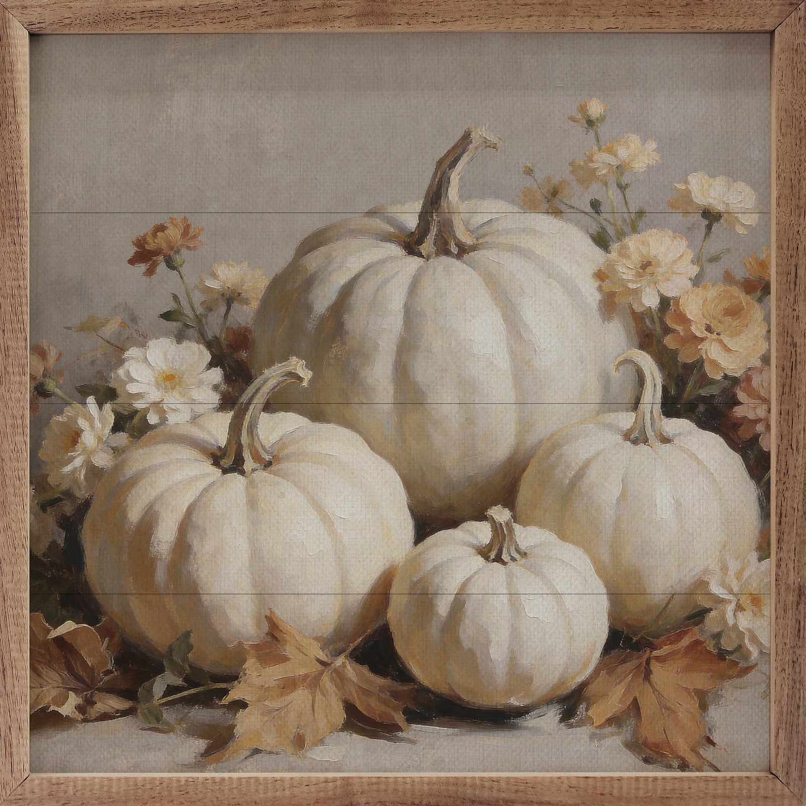 Kendrick Home Walnut Frames 4x4 White Pumpkin Still Life With Blossoms Printed and Framed Wall Sign