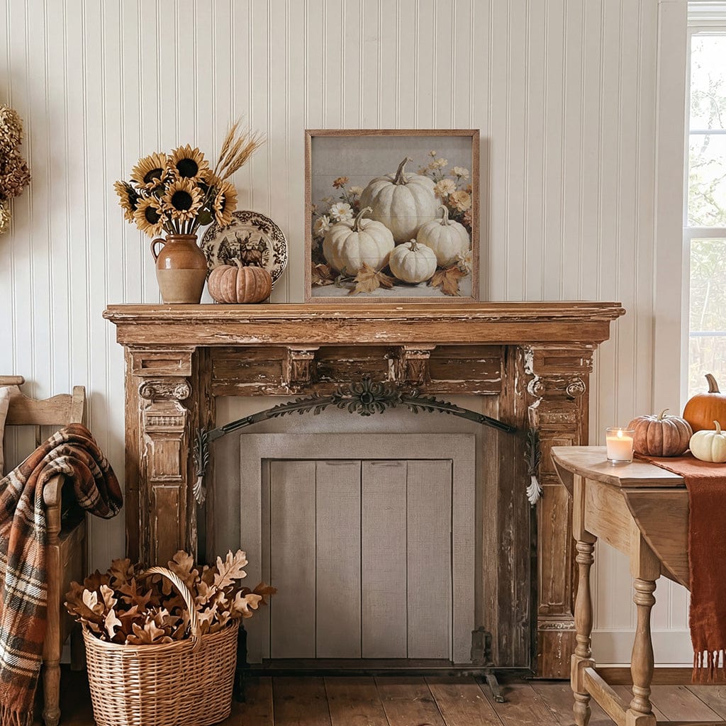 Kendrick Home Walnut Frames 4x4 White Pumpkin Still Life With Blossoms Printed and Framed Wall Sign