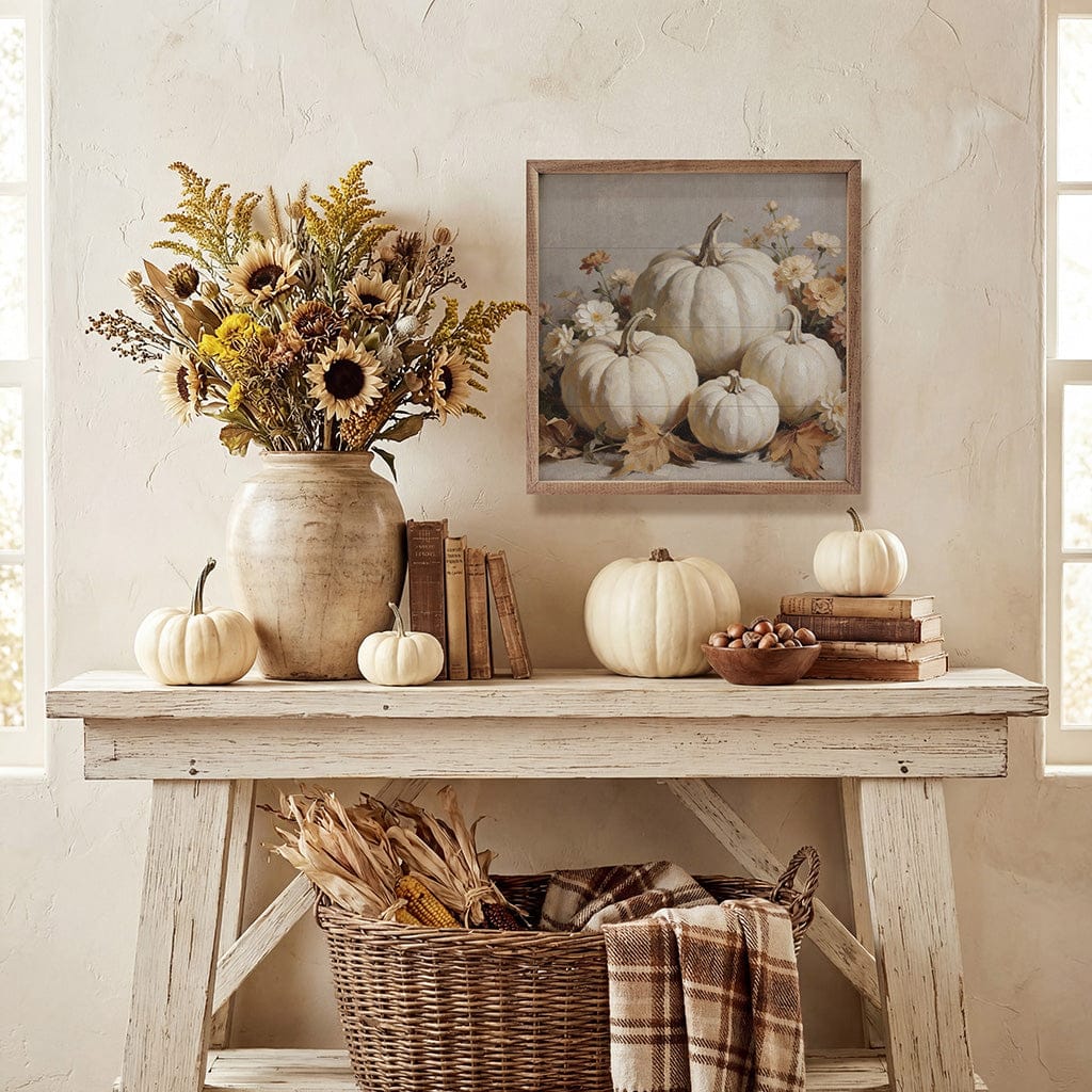 Kendrick Home Walnut Frames White Pumpkin Still Life With Blossoms Printed and Framed Wall Sign