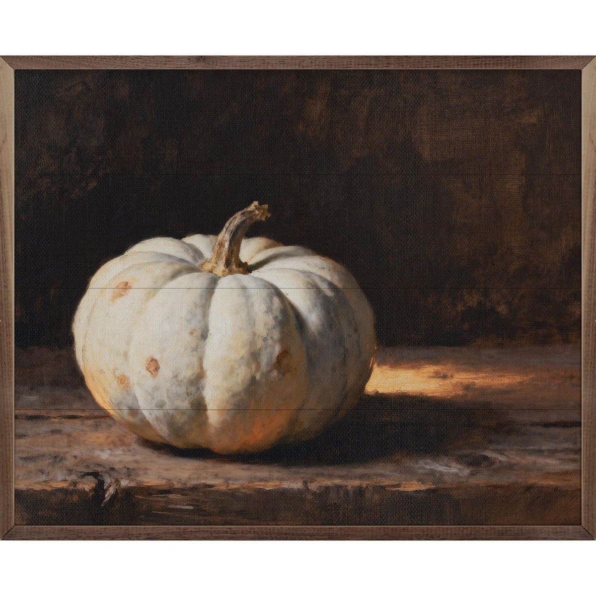 Kendrick Home Walnut Frames 10x8 White Pumpkin With Suns Glow Printed and Framed Wall Sign