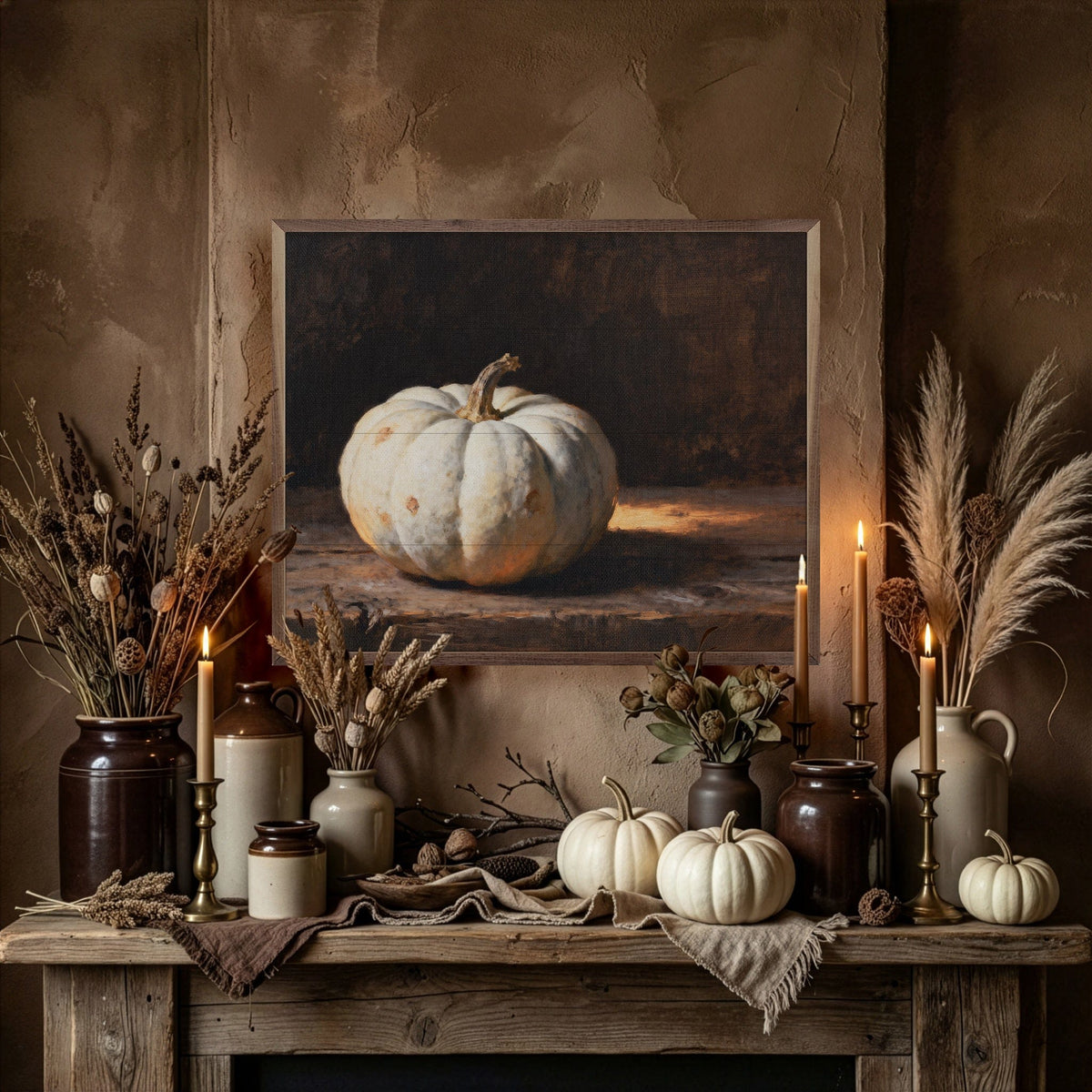 Kendrick Home Walnut Frames White Pumpkin With Suns Glow Printed and Framed Wall Sign