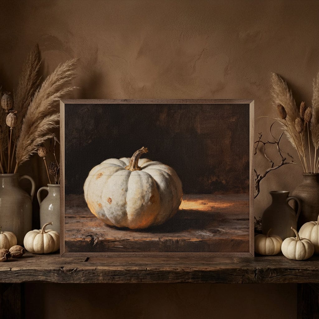 Kendrick Home Walnut Frames White Pumpkin With Suns Glow Printed and Framed Wall Sign