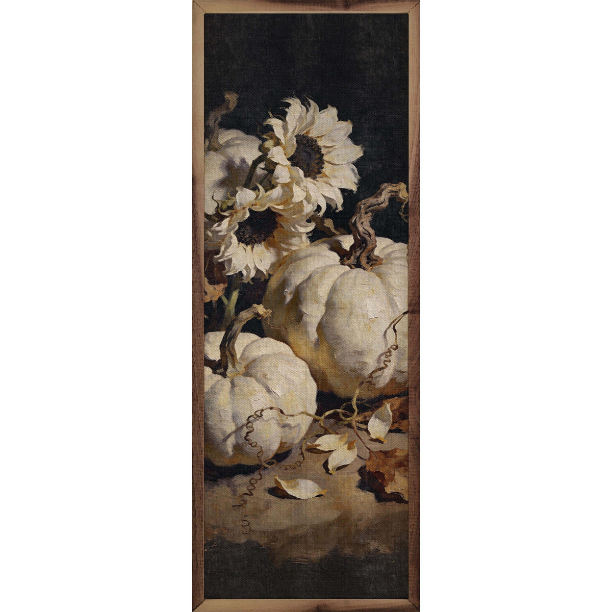 Kendrick Home Walnut Frames 4x12 White Pumpkins And Sunflowers Printed and Framed Wall Sign
