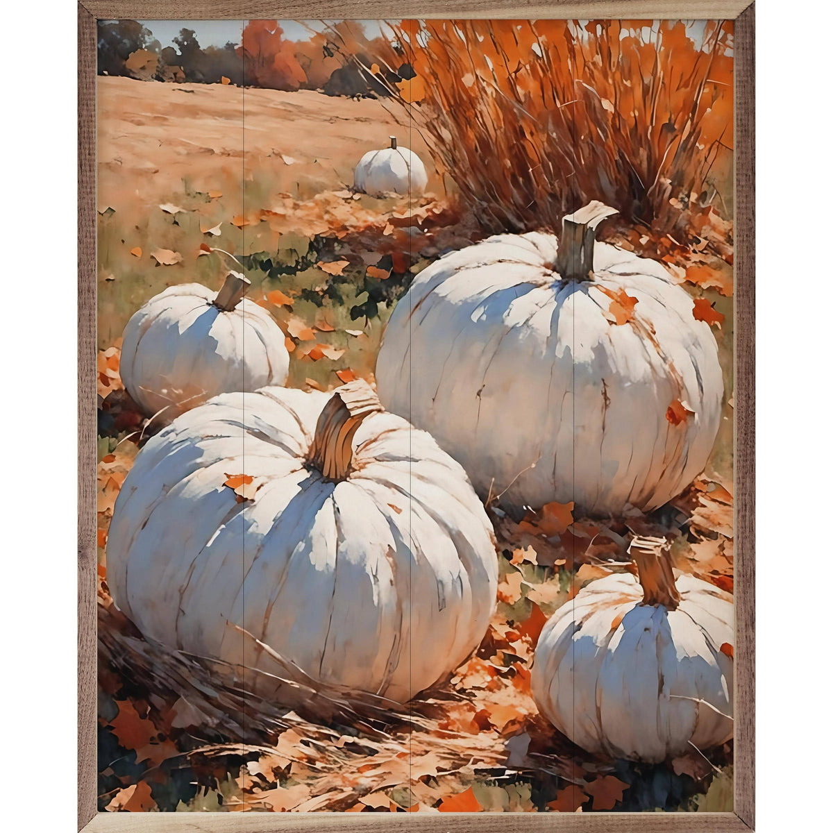 Kendrick Home Walnut Frames 8x10 White Pumpkins On Leaves In Field Printed and Framed Wall Sign