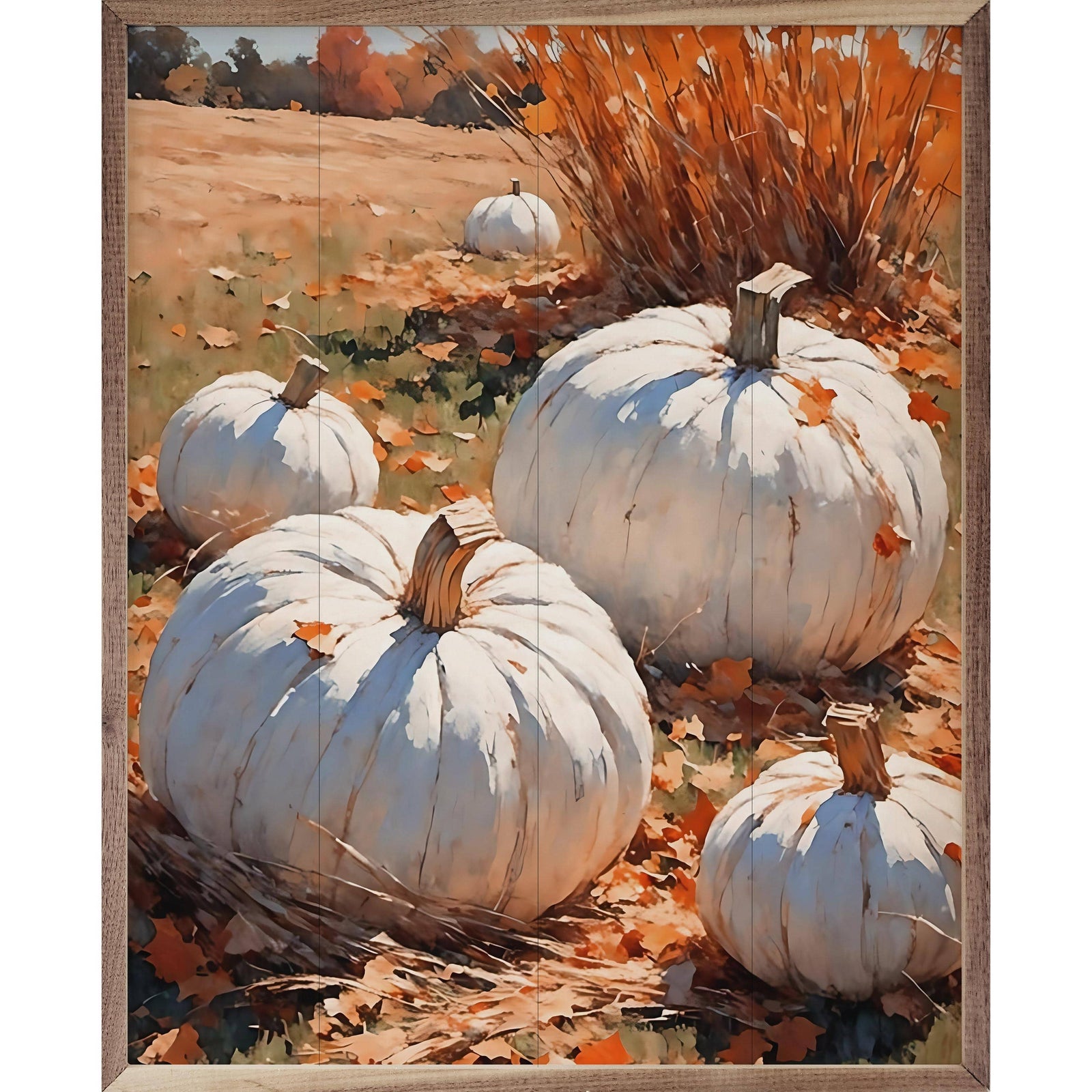 Kendrick Home Walnut Frames 8x10 White Pumpkins On Leaves In Field Printed and Framed Wall Sign