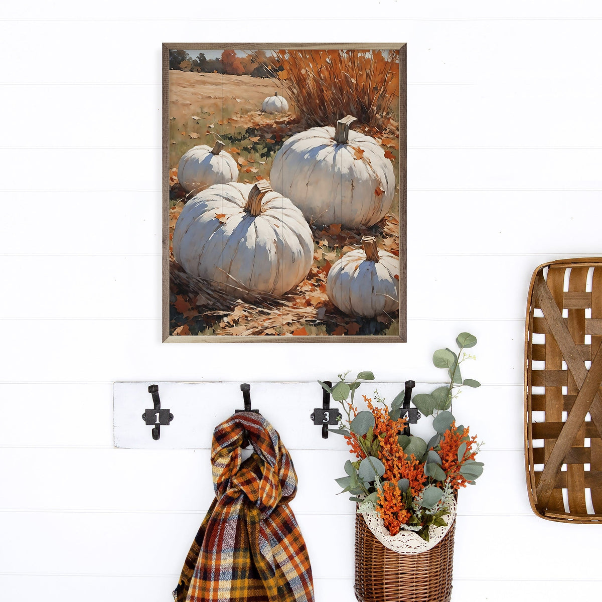 Kendrick Home Walnut Frames White Pumpkins On Leaves In Field Printed and Framed Wall Sign