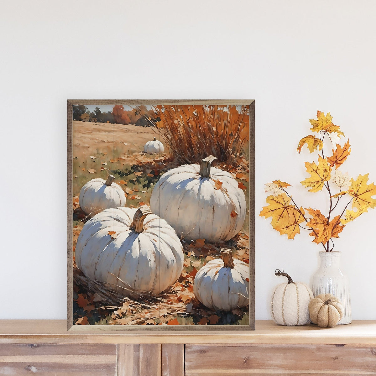 Kendrick Home Walnut Frames White Pumpkins On Leaves In Field Printed and Framed Wall Sign