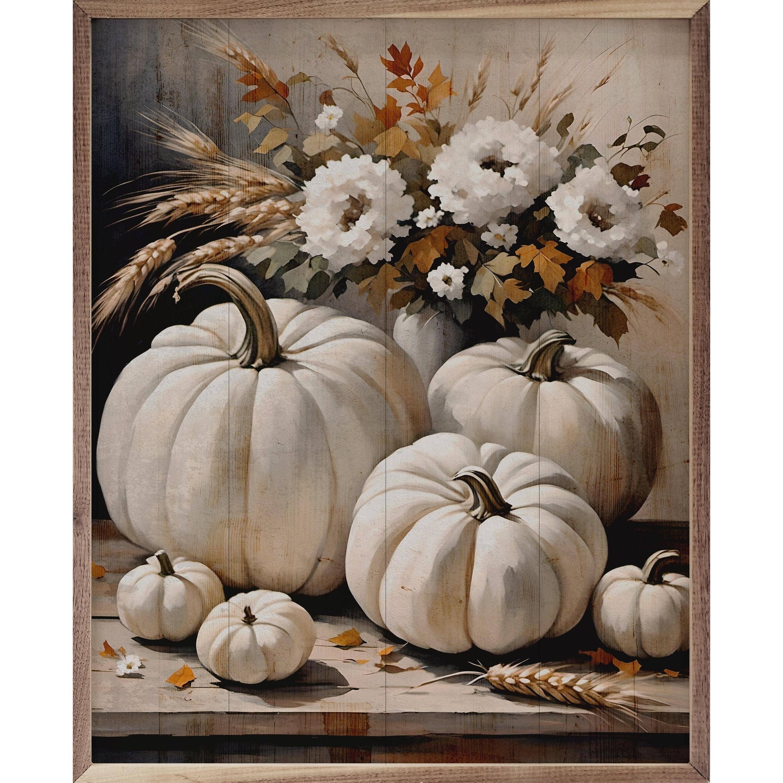 Kendrick Home Walnut Frames 8x10 White Pumpkins On Table Printed and Framed Wall Sign