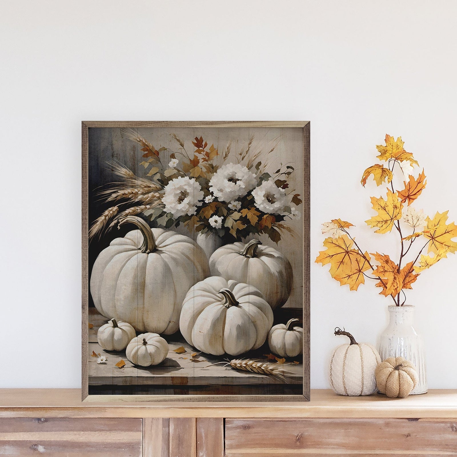 Kendrick Home Walnut Frames 8x10 White Pumpkins On Table Printed and Framed Wall Sign