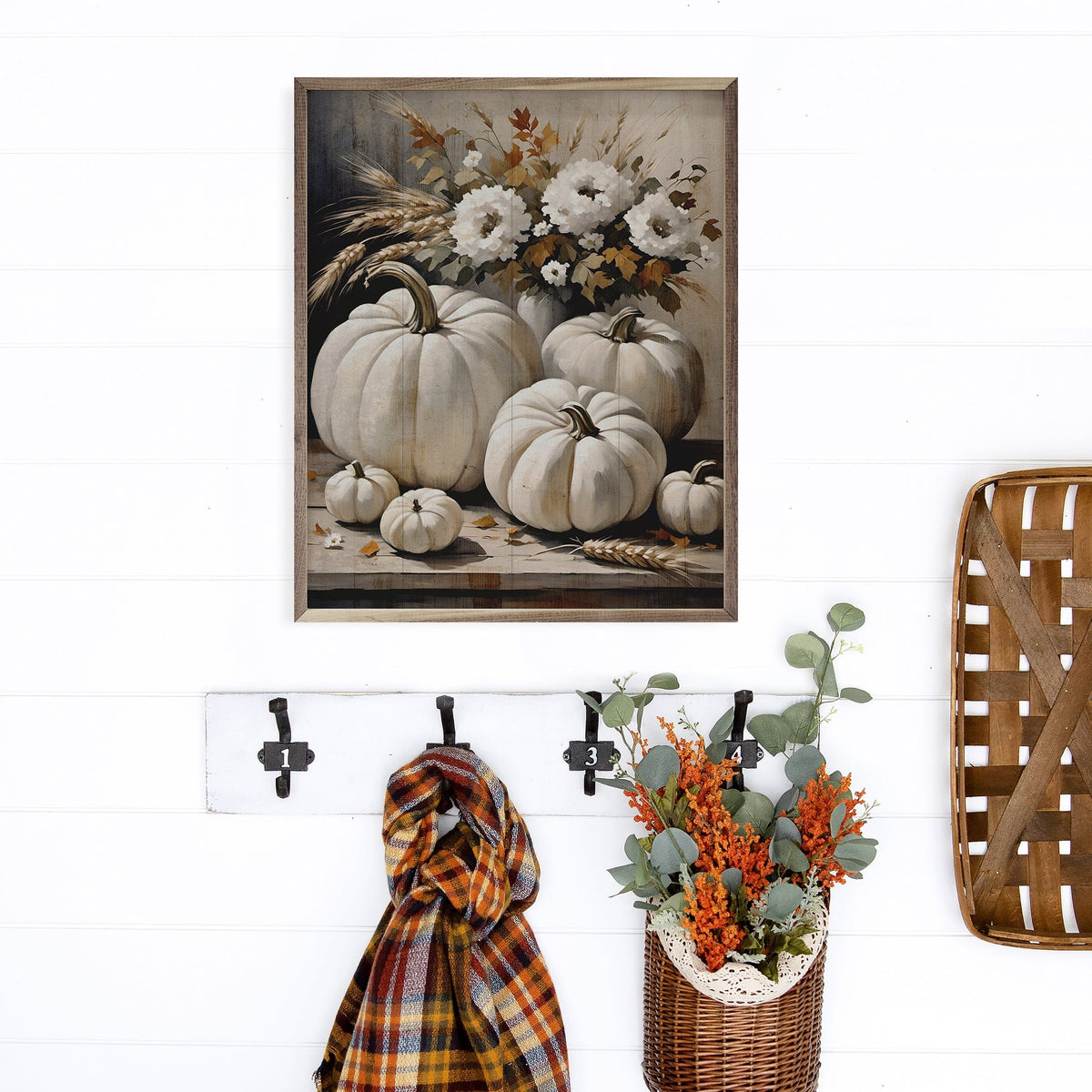 Kendrick Home Walnut Frames White Pumpkins On Table Printed and Framed Wall Sign