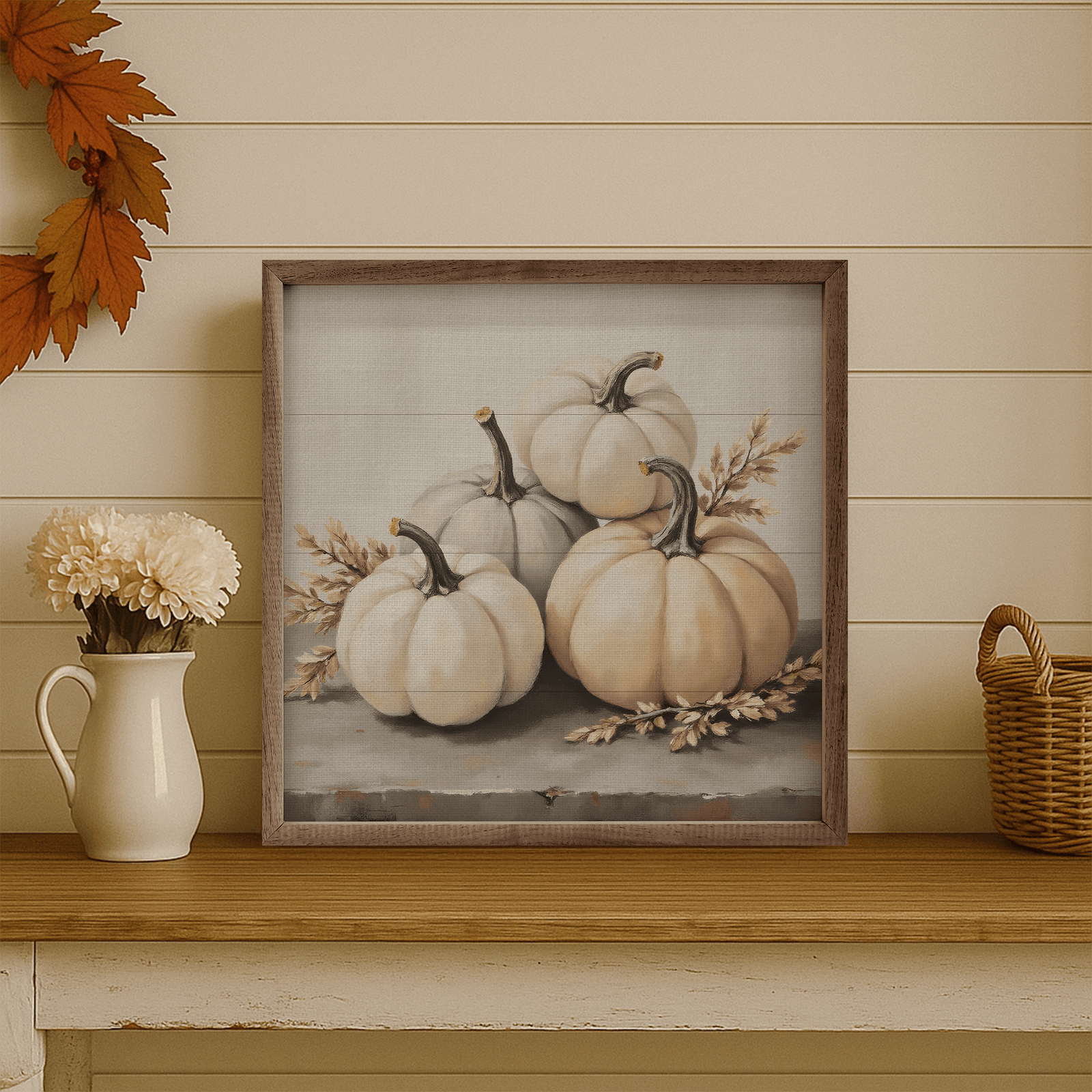 Kendrick Home Walnut Frames 4x4 White Pumpkins Square Printed and Framed Wall Sign