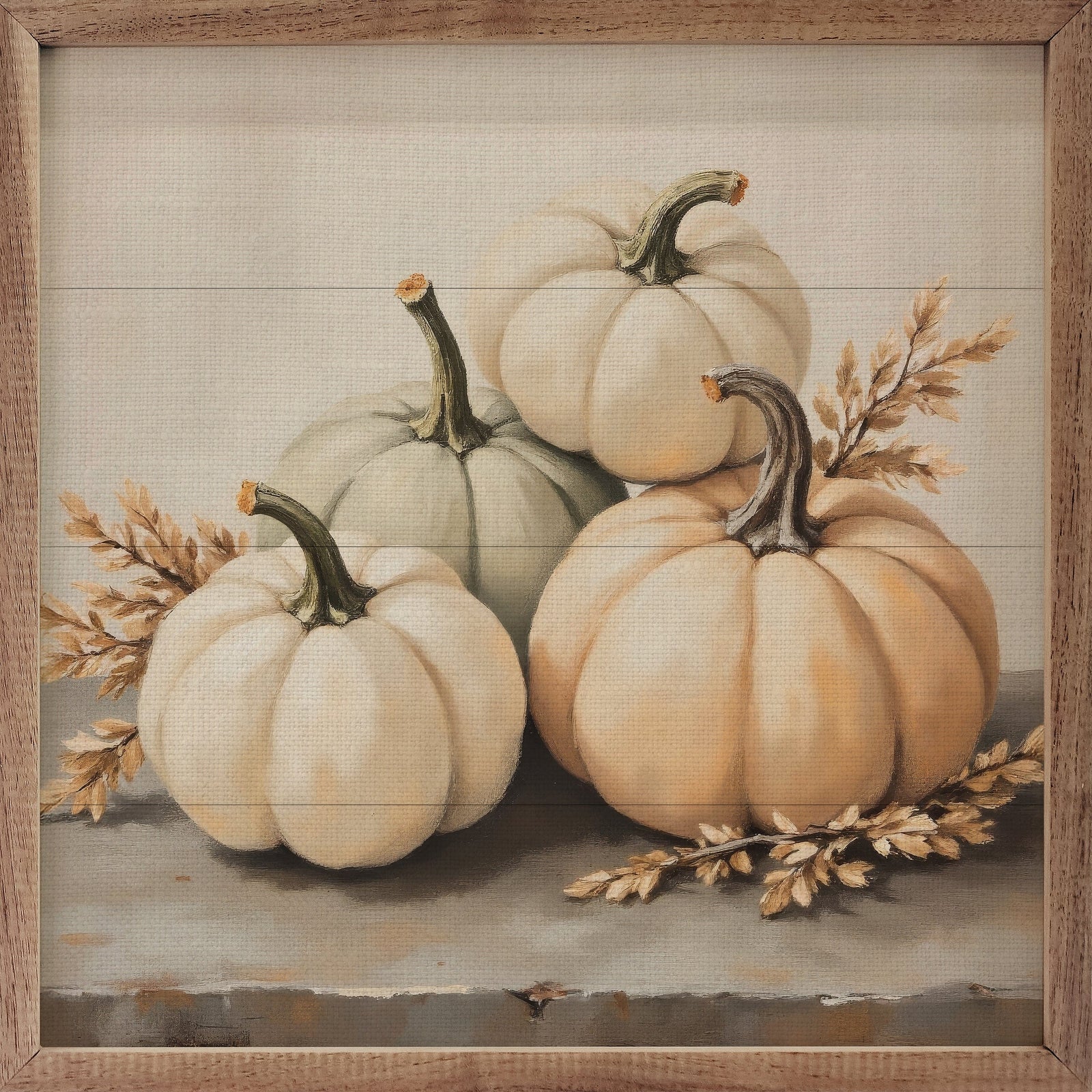 Kendrick Home Walnut Frames 4x4 White Pumpkins Square Printed and Framed Wall Sign