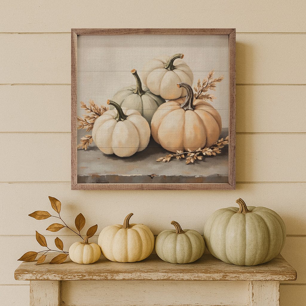 Kendrick Home Walnut Frames White Pumpkins Square Printed and Framed Wall Sign