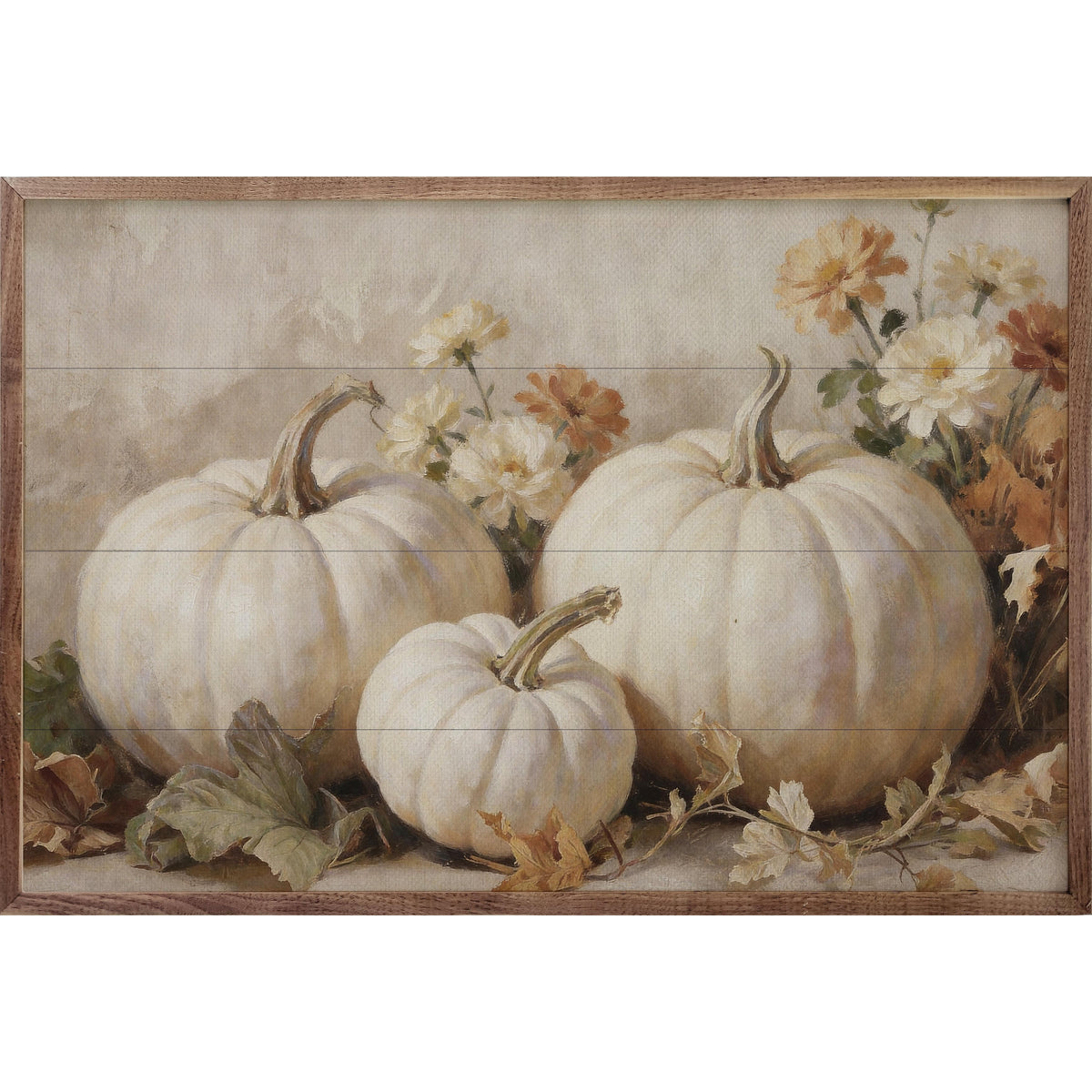 Kendrick Home Walnut Frames 8x5 White Pumpkins With Autumn Florals Printed and Framed Wall Sign