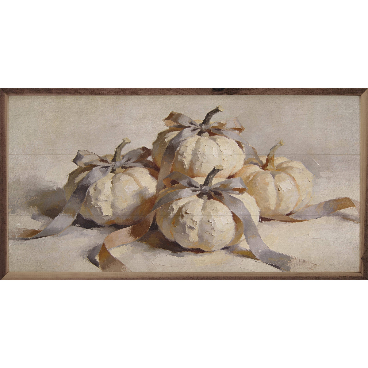 Kendrick Home Walnut Frames 16x8 White Pumpkins With Bows Printed and Framed Wall Sign