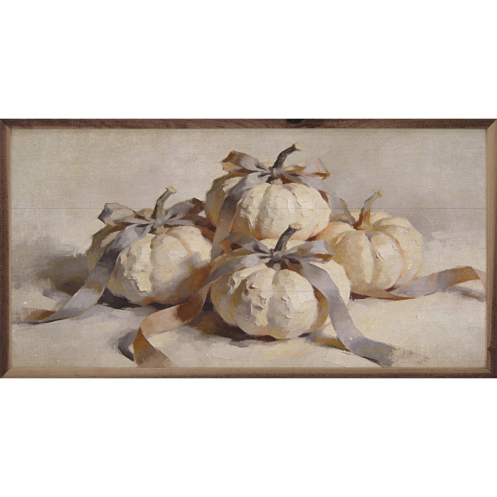 Kendrick Home Walnut Frames 16x8 White Pumpkins With Bows Printed and Framed Wall Sign