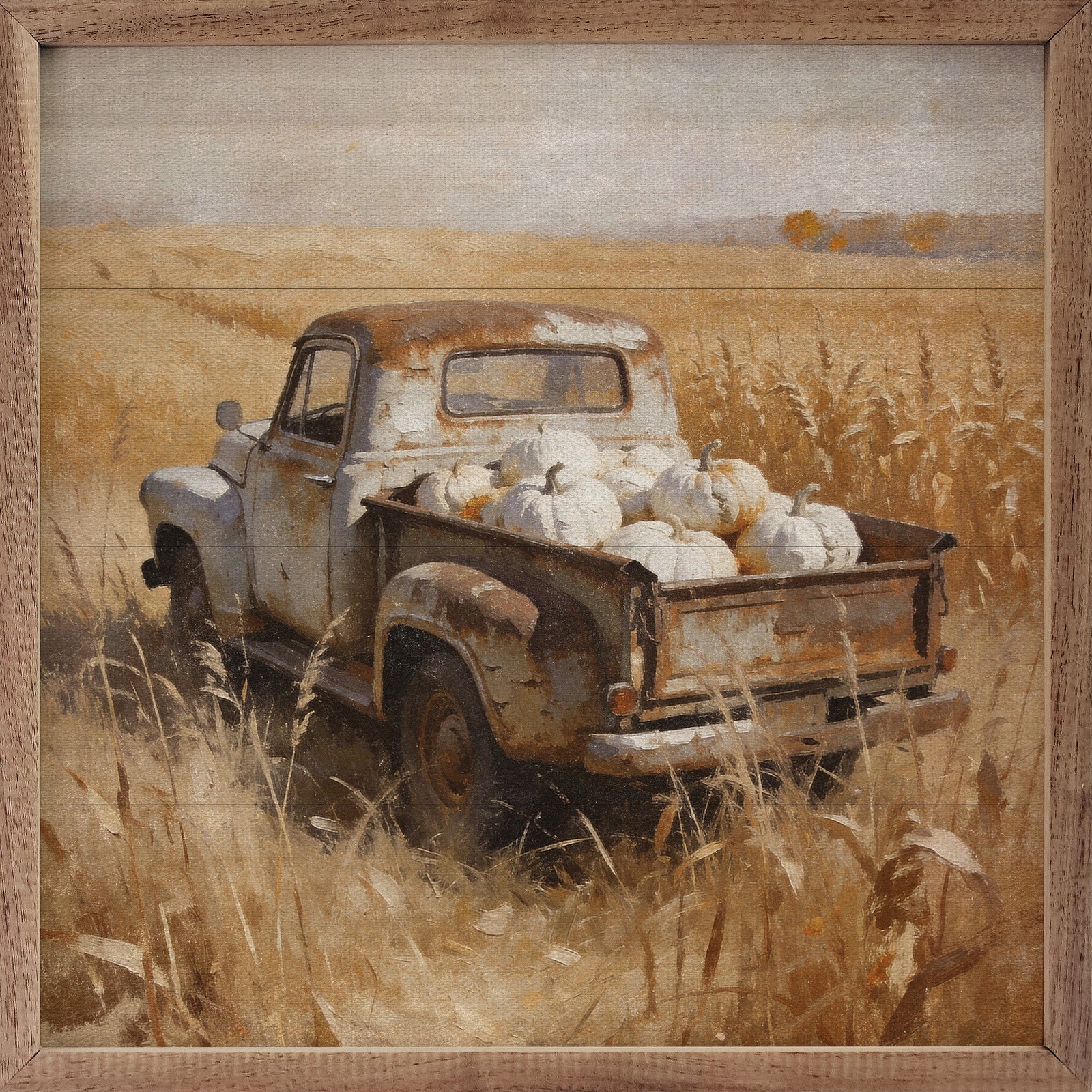 Kendrick Home Walnut Frames 4x4 White Truck And Pumpkins Printed and Framed Wall Sign
