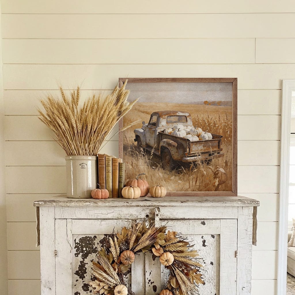 Kendrick Home Walnut Frames White Truck And Pumpkins Printed and Framed Wall Sign