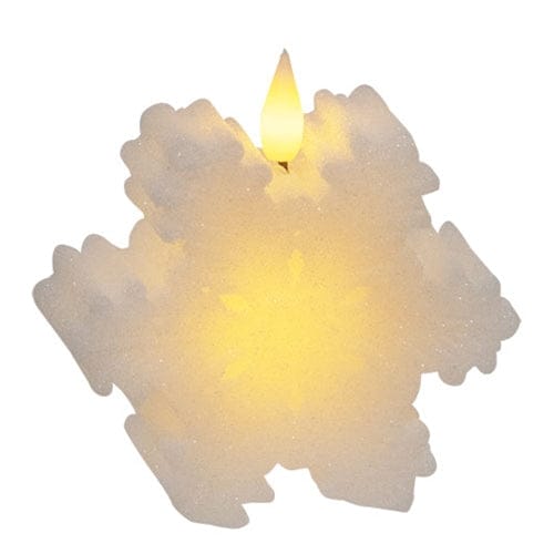 White Wax Glitter Snowflake LED Battery Candle With Moving Flame 4" High