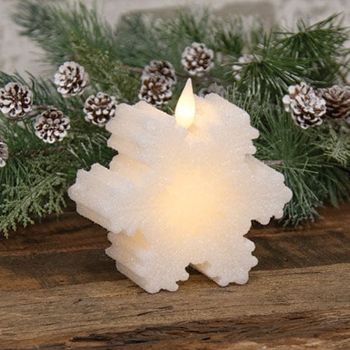 White Wax Glitter Snowflake LED Battery Candle With Moving Flame 4" High