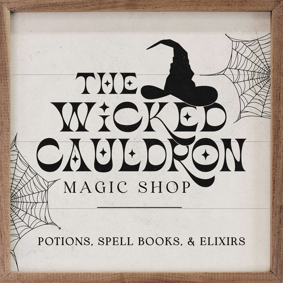 Kendrick Home Walnut Frames 4x4 Wicked Cauldron Hat And Webs White Printed and Framed Wall Sign