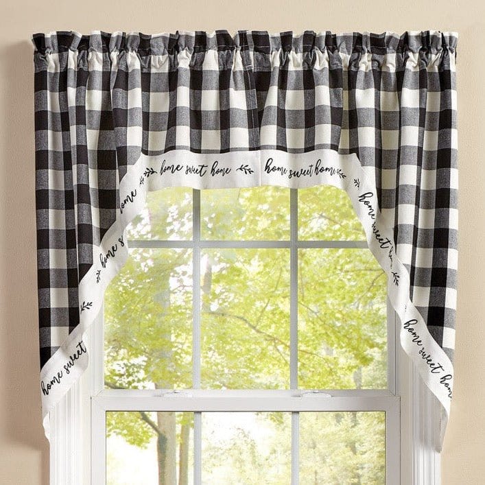 Wicklow Check in Black &amp; Cream Embroidered Home Swag Pair 36&quot; Long Lined-Park Designs-The Village Merchant