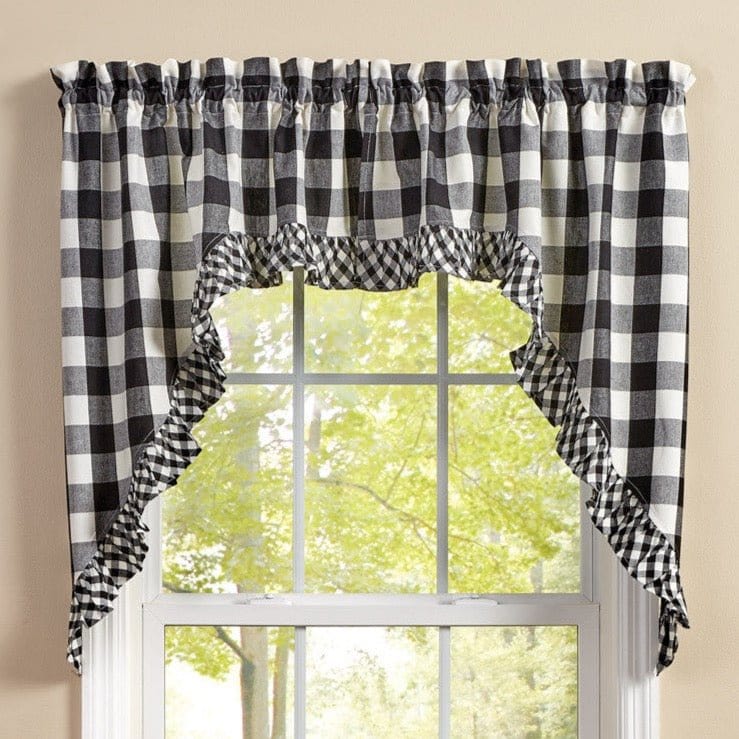 Wicklow Check in Black &amp; Cream Ruffled Swag Pair 36&quot; Long Unlined-Park Designs-The Village Merchant