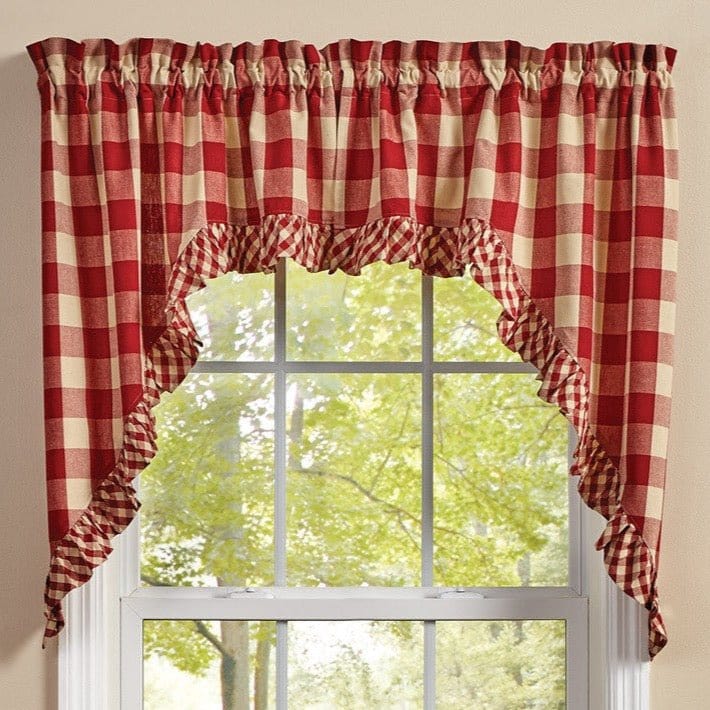 Wicklow Check in Garnet Ruffled Swag Pair 36&quot; Long Unlined-Park Designs-The Village Merchant