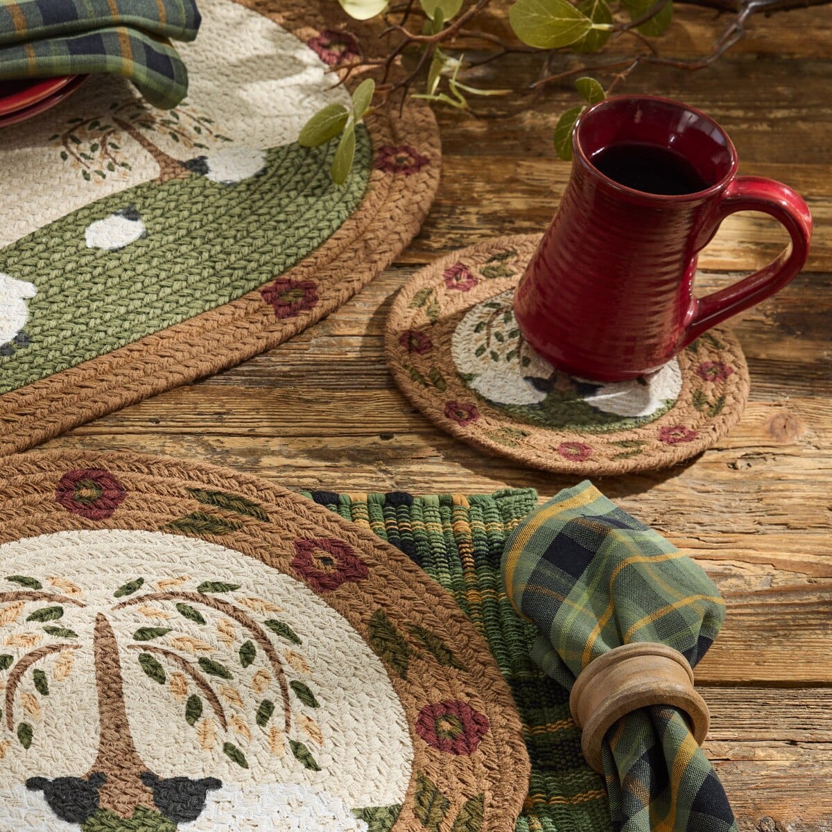Willow & Sheep Braided & Printed Trivet 8" Diameter Round Set of 2