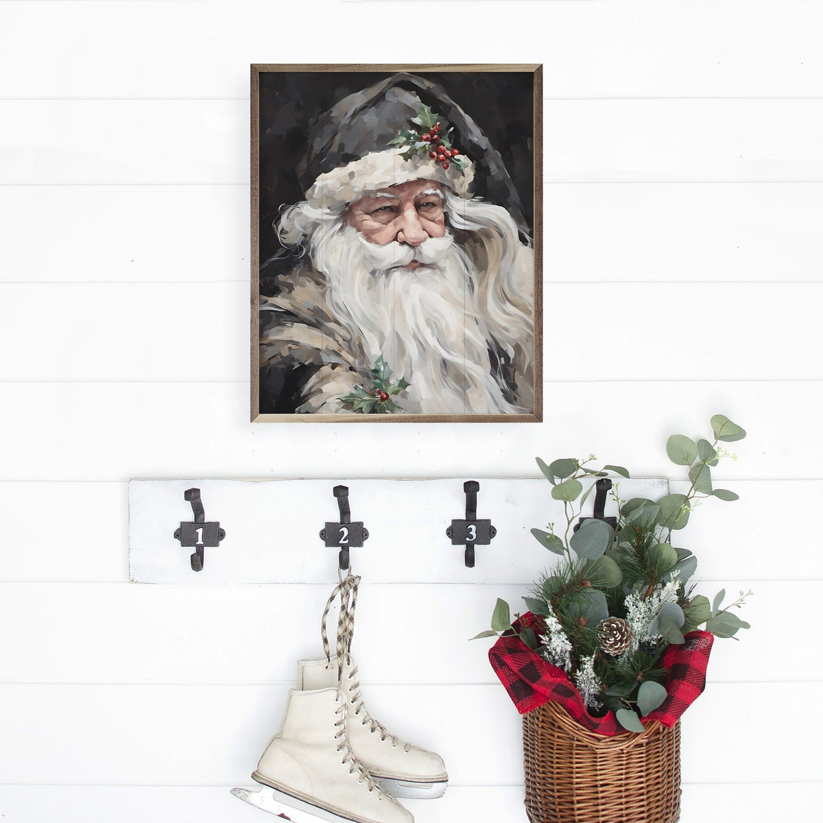 Kendrick Home Walnut Frames Wise Grayscale Santa Printed and Framed Wall Sign
