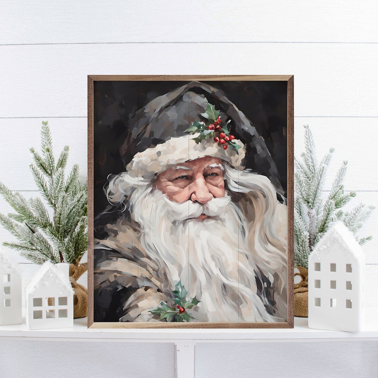 Kendrick Home Walnut Frames 8x10 Wise Grayscale Santa Printed and Framed Wall Sign