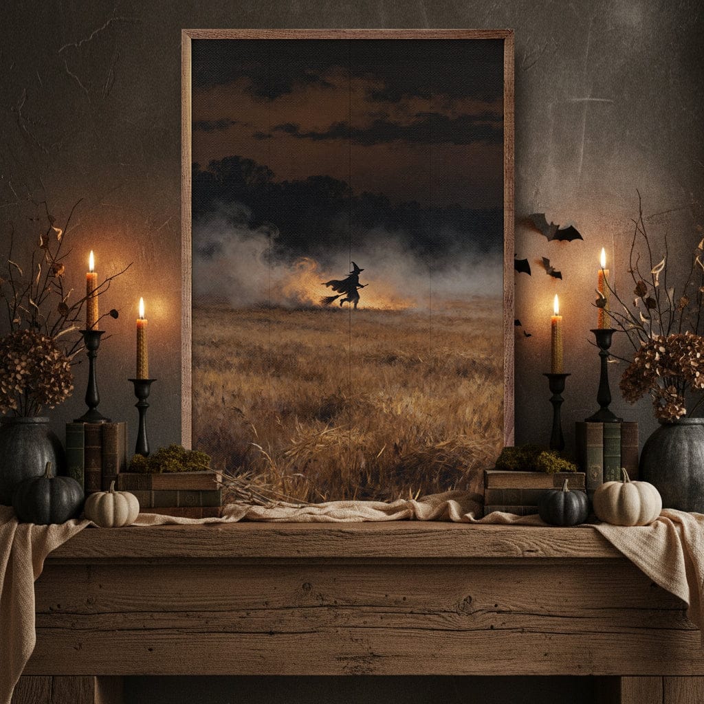 Kendrick Home Walnut Frames Witch On Broom In The Field