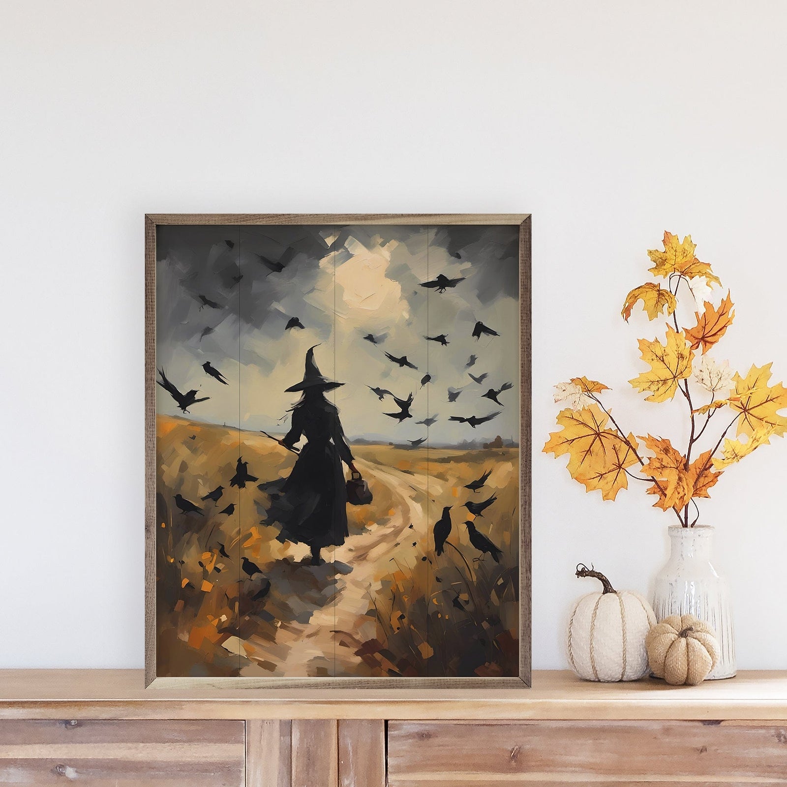 Kendrick Home Walnut Frames 8x10 Witch On Path Printed and Framed Wall Sign