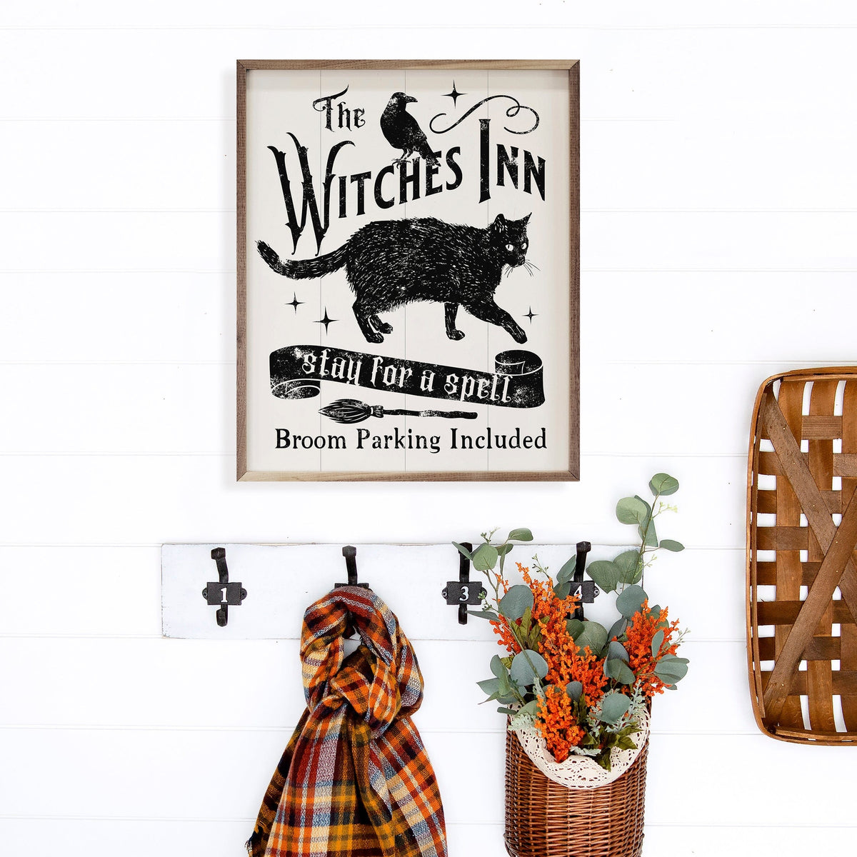 Kendrick Home Walnut Frames Witches Inn Stay For A Spell Cat White