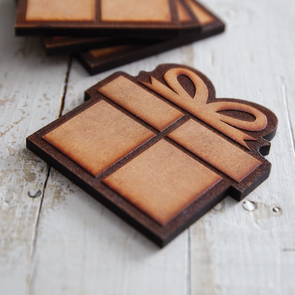 Wood Burned Christmas Present Coaster Set of 4