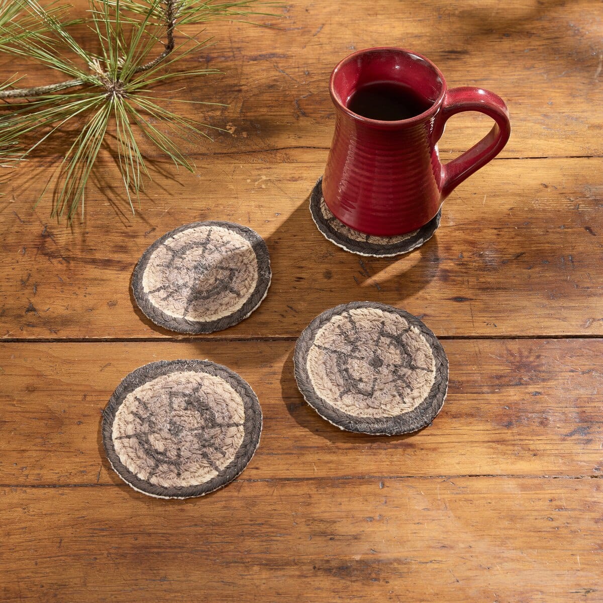 Park Designs Wood Slices Braided & Printed Coaster Round Set of 4