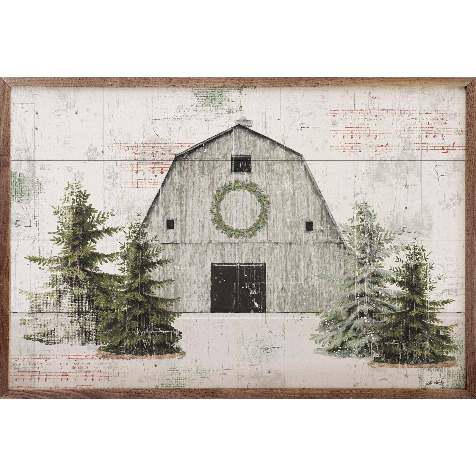 Kendrick Home Walnut Frames Wooded Holiday I Barn By Katie Pertiet Printed and Framed Wall Sign