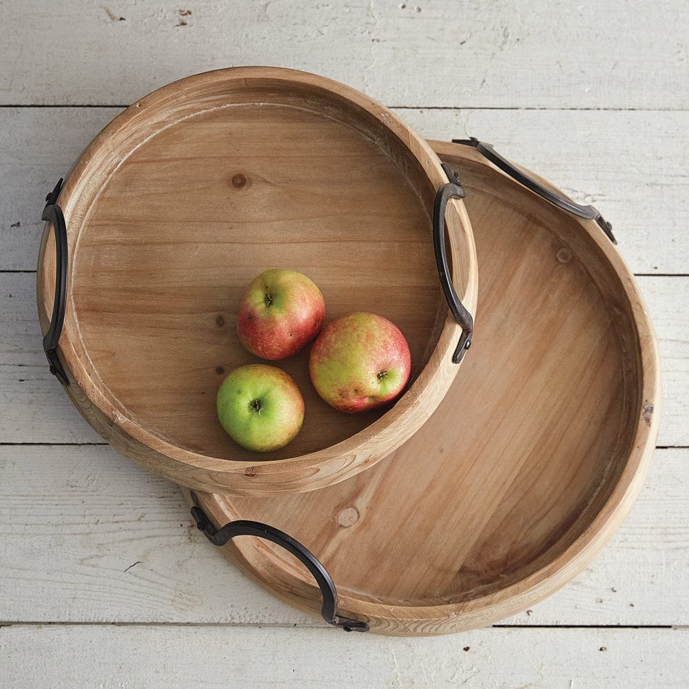 Wooden Abrams Industrial Serving Tray W/ Metal Handles Round Set of 2 Assorted Sizes-CTW Home-The Village Merchant
