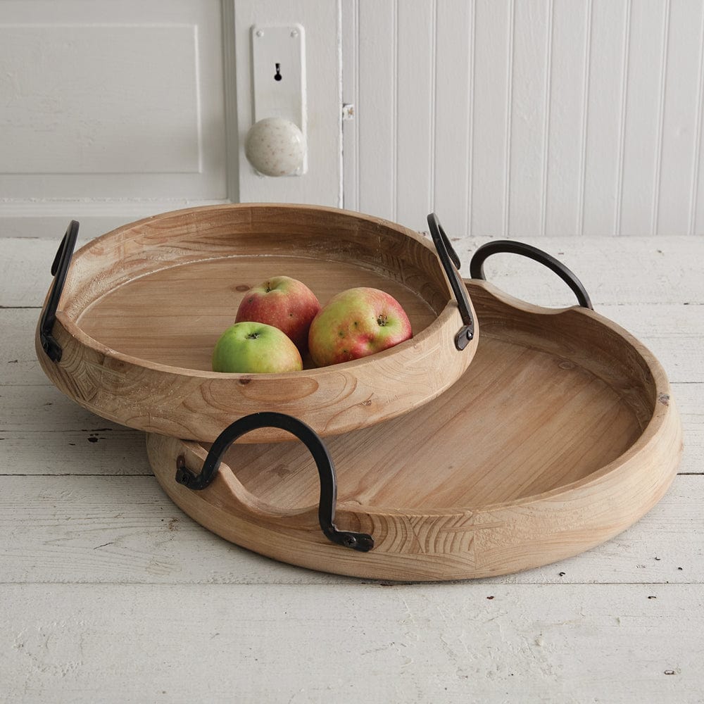 Wooden Abrams Industrial Serving Tray W/ Metal Handles Round Set of 2 Assorted Sizes-CTW Home-The Village Merchant