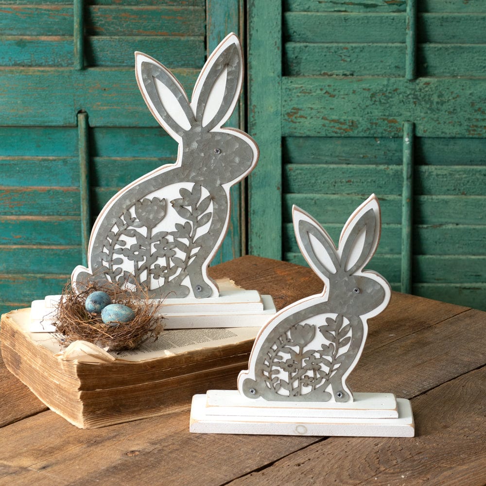 Wooden Bunnies with Metal Cutouts Figurine Set of 2 - Assorted Sizes-CTW Home-The Village Merchant